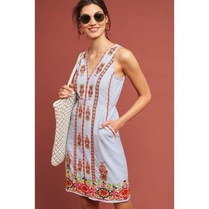 Anthropologie Maeve Madeline Blue Stripe Sleeveless Embroidered Shift Dress